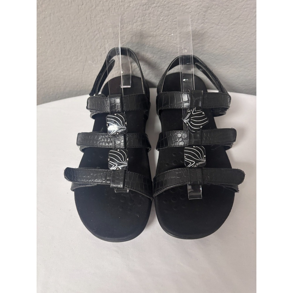 Vionic Womens 7 Amber Sandals Black Croc Embossed Leather Adjustable Orthopedic